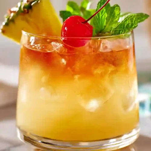 Classic Mai Tai cocktail in a clear rocks glass with crushed ice, pineapple wedge, lime slice, cherry, and mint garnish