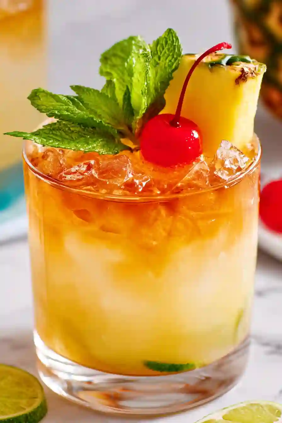 Vertical image of a classic Mai Tai cocktail with crushed ice and tropical fruit garnish