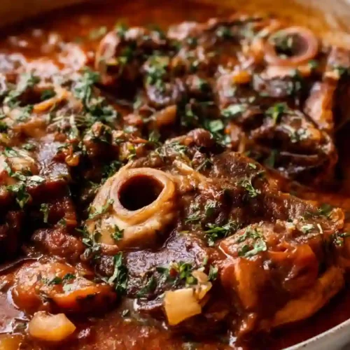 Cozy Sunday Osso Bucco Recipe for a Protein-Rich Family Dinner 3 Close-up of traditional osso bucco with veal shanks in rich brown braised sauce, marrow bones visible, cooked in a rustic pan