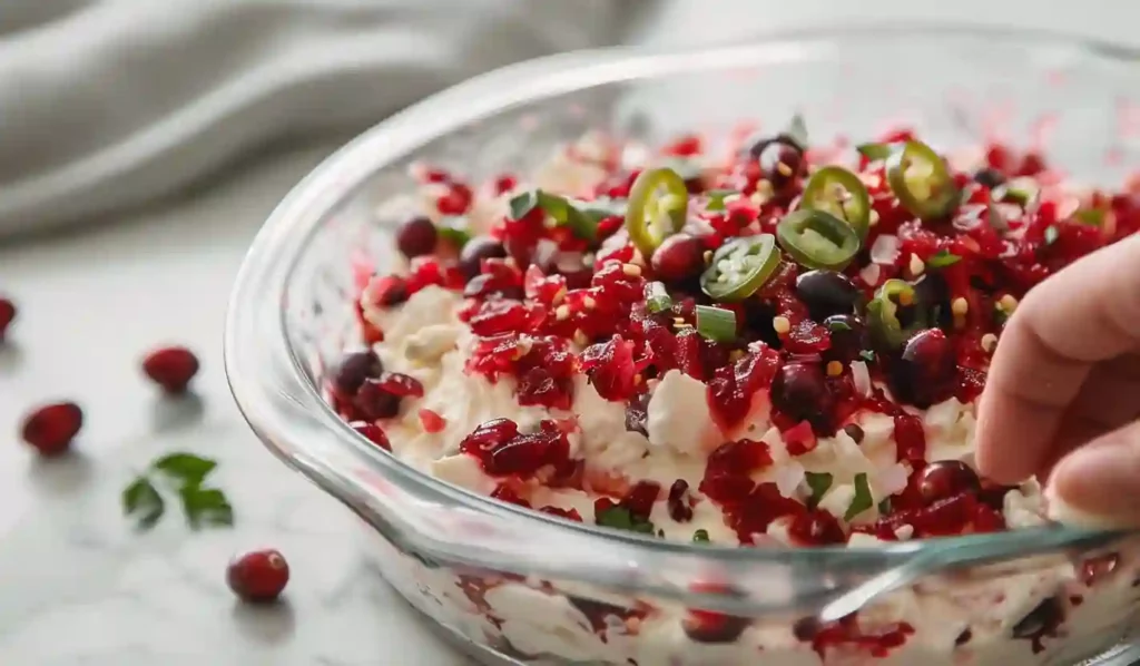 Close-up of cranberry jalapeño cream cheese dip in a clear dish on a white marble countertop