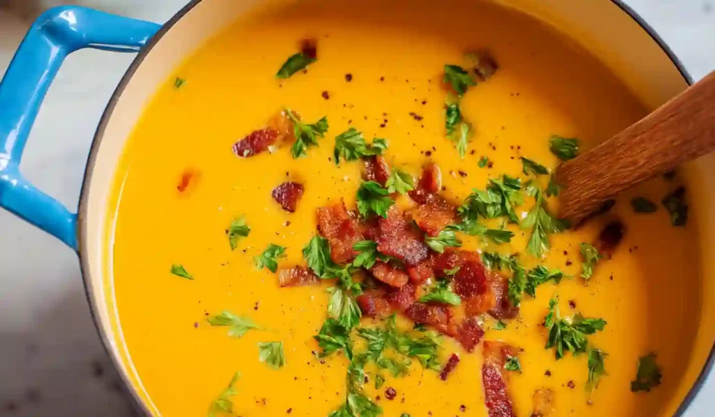 Creamy carrot soup garnished with crispy bacon and fresh parsley in a blue pot