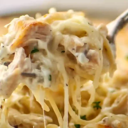 Close-up of creamy chicken tetrazzini with pasta, shredded chicken, and melted cheese, served warm in a baking dish
