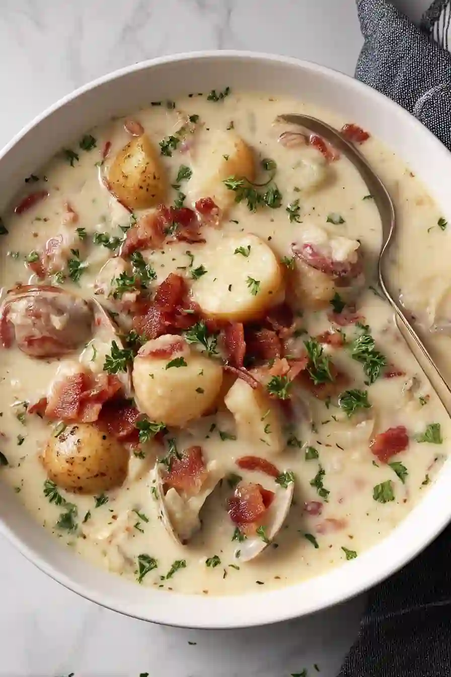 Creamy New England clam chowder with potatoes, clams, bacon, and parsley garnish