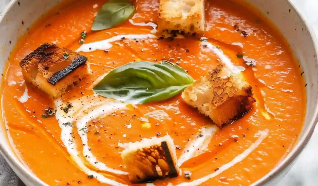 Close-up of creamy tomato soup topped with golden grilled croutons and fresh basil leaves.
