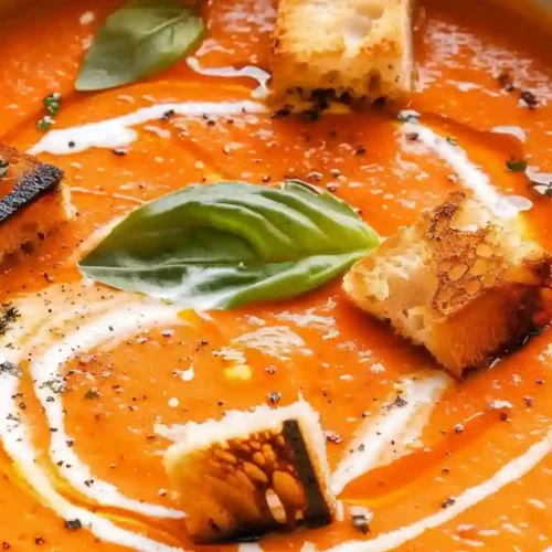 Close-up of creamy tomato soup topped with golden grilled croutons and fresh basil leaves.