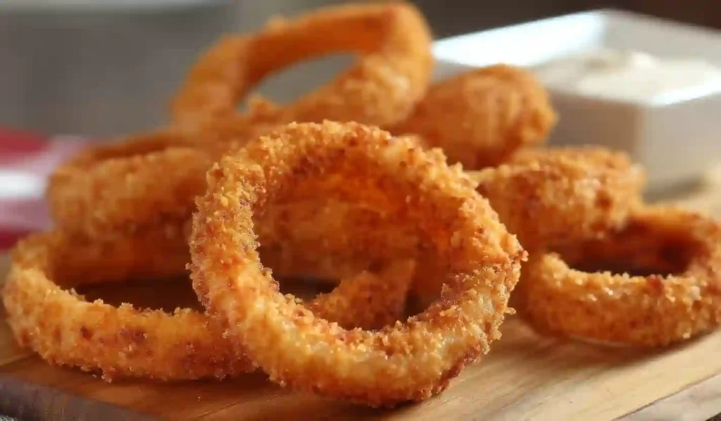 Close-up of golden crispy onion rings on a wooden surface with dipping sauce in the background.