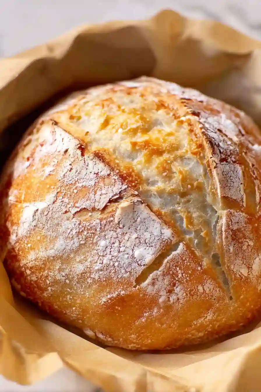 Rustic no-knead bread loaf with golden crust baked in parchment paper