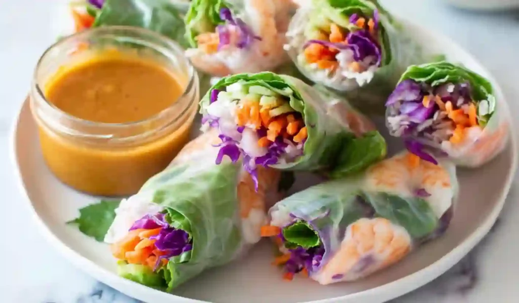Close-up plate of fresh Vietnamese spring rolls with colorful vegetables and peanut dipping sauce