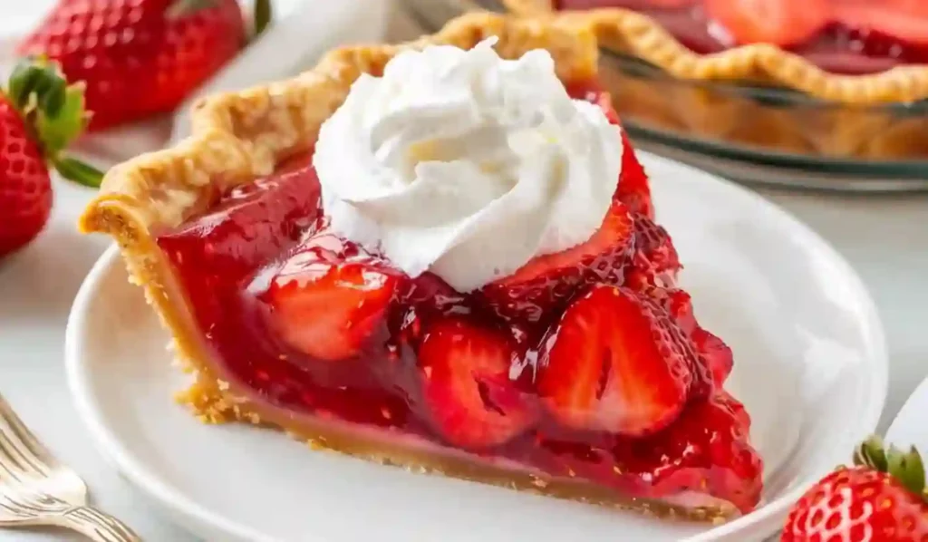 Close-up slice of fresh strawberry pie with whipped cream on a white plate