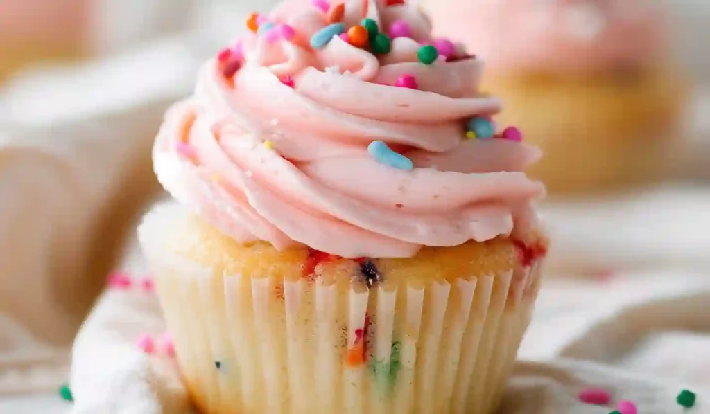 Close-up funfetti cupcake topped with pink buttercream swirl and colorful sprinkles
