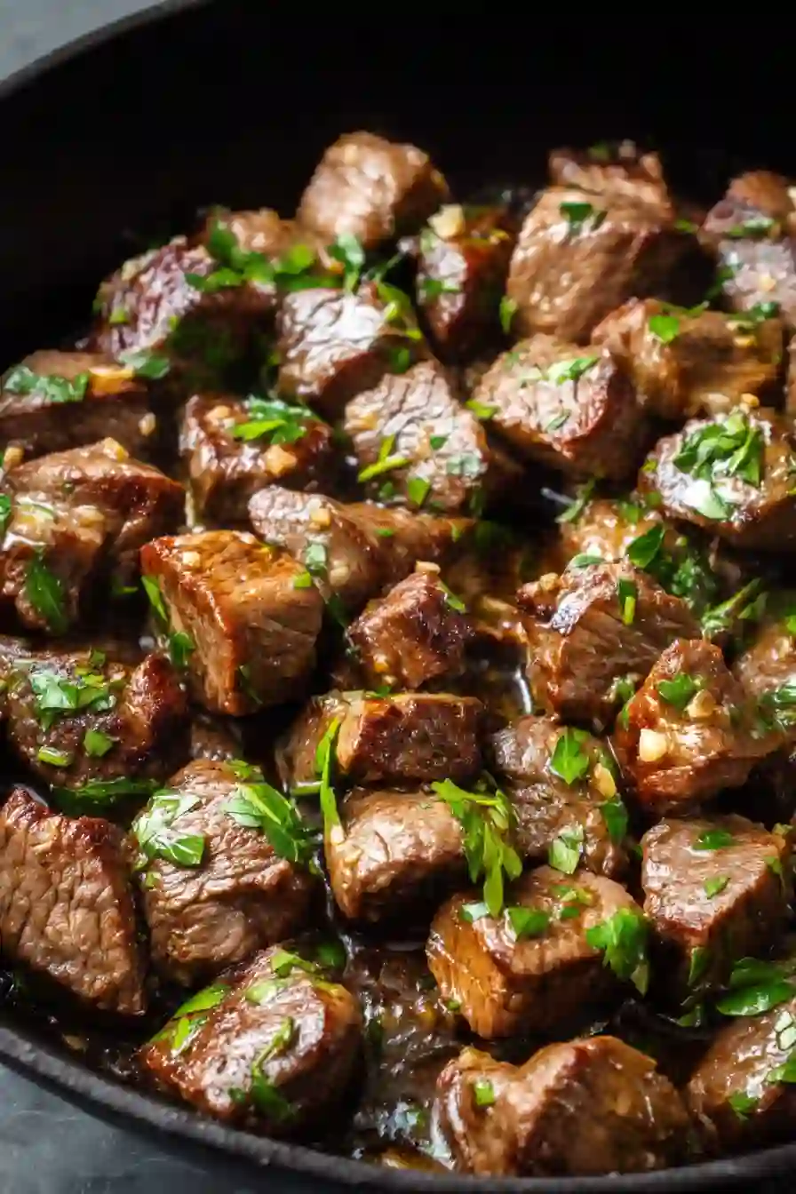 Vertical close-up of garlic butter steak bites cooked in a cast iron pan