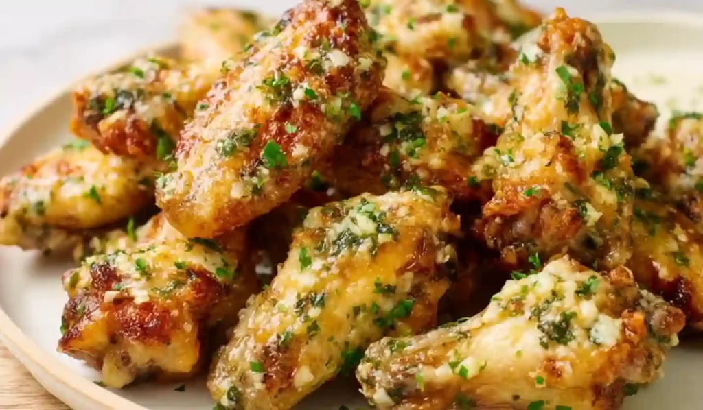 Close-up of crispy garlic parmesan chicken wings coated in buttery garlic sauce and parmesan, served on a colored plate.