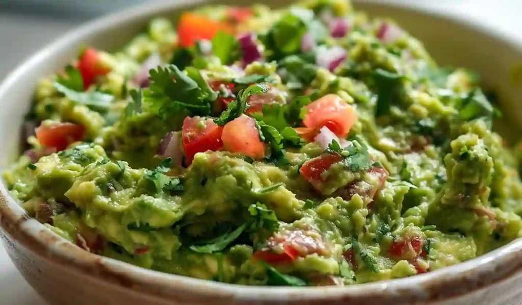 Close-up bowl of fresh homemade guacamole with tomatoes, onions, and cilantro.