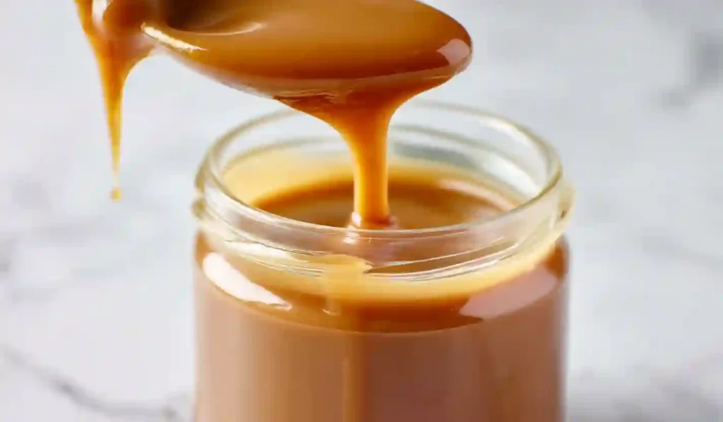 Vertical close-up of caramel sauce in a glass jar with a spoon dripping caramel