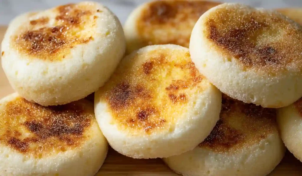 Close-up view of homemade English muffins with golden toasted tops and cornmeal dusting.