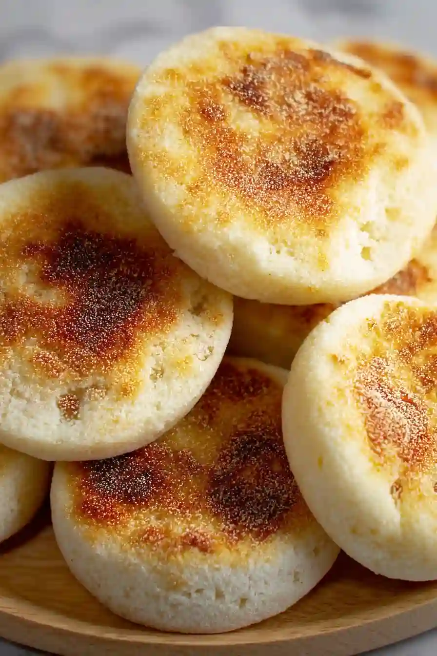 English Muffins for Slow, Cozy Mornings 2 Vertical close-up image of golden homemade English muffins dusted with cornmeal.