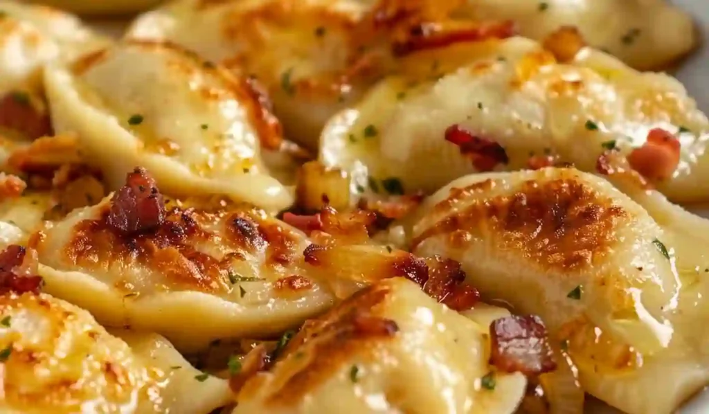 Close-up of homemade perogies coated in butter with caramelized onions and crispy bacon pieces.