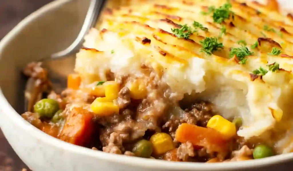 Close-up of homemade Shepherd’s Pie with golden mashed potatoes and hearty meat filling