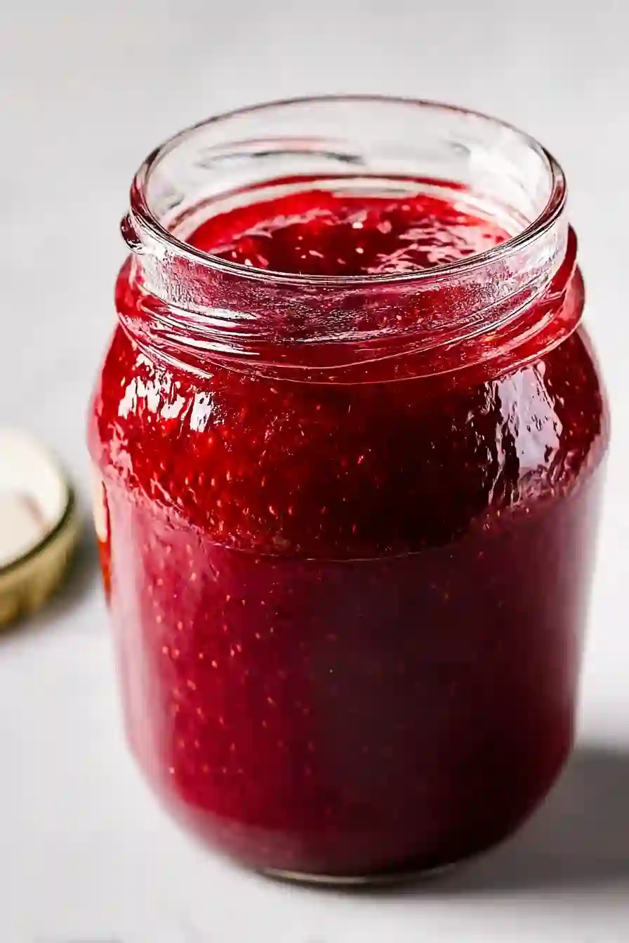 Close-up homemade strawberry jam in a glass jar with rich red color