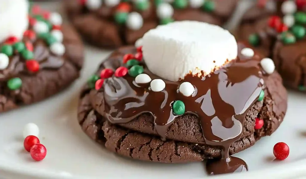 Close-up homemade hot cocoa cookies topped with melted chocolate glaze and holiday sprinkles.