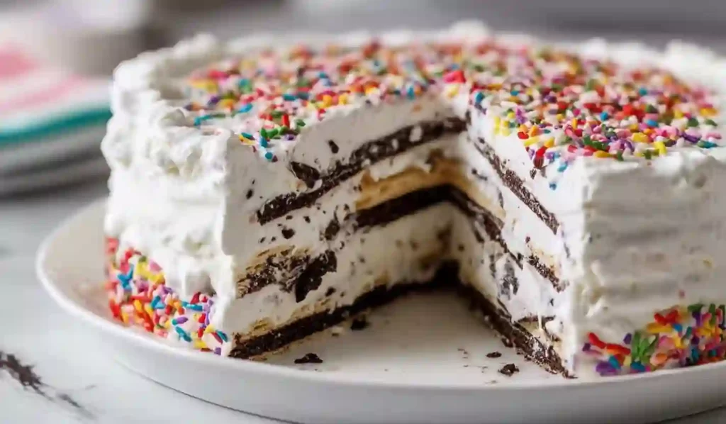 Vertical close-up of a sprinkle-covered ice cream cake with a slice removed.