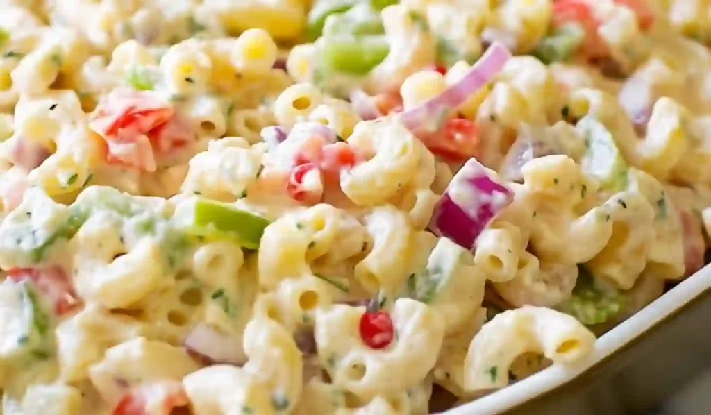 Close-up creamy macaroni salad with diced peppers, celery, and red onion in a colored serving bowl.