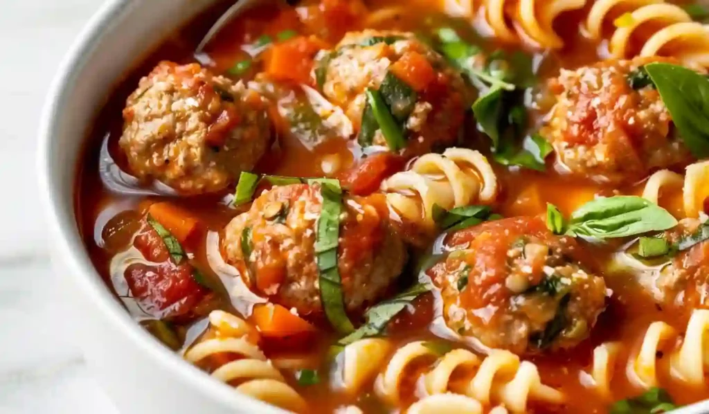 Close-up bowl of meatball soup with rotini pasta in tomato broth
