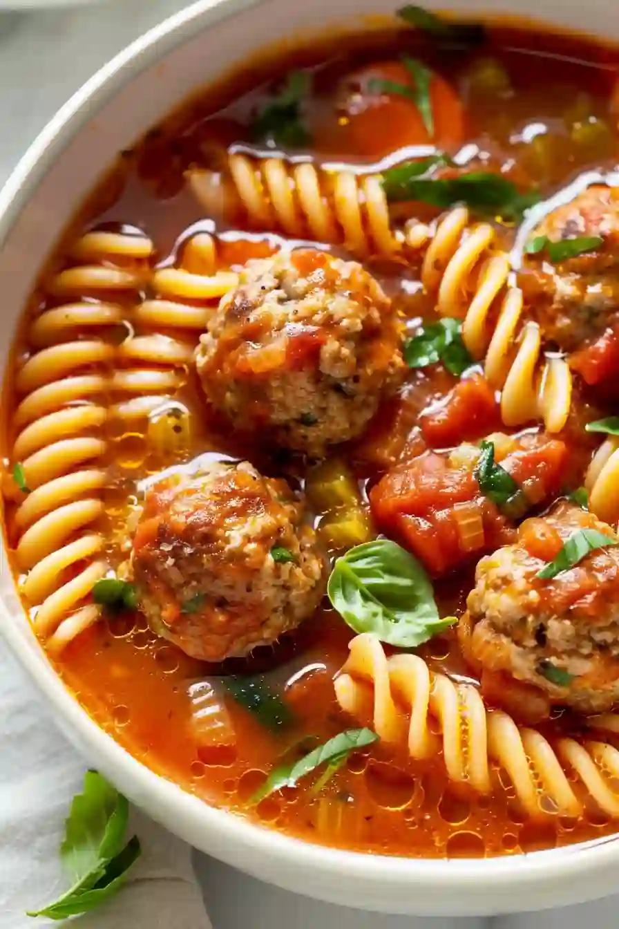 Meatball Soup for a Cozy Weeknight (Family Dinner Friendly) 2 Vertical close-up of meatball soup with meatballs, pasta, and tomato broth