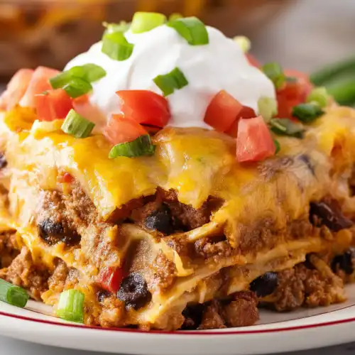 Mexican Lasagna A Cozy, Protein-Packed Family Dinner Favorite 3 Close-up of Mexican lasagna with melted cheese, black beans, ground beef, and sour cream topping on a red-rimmed plate