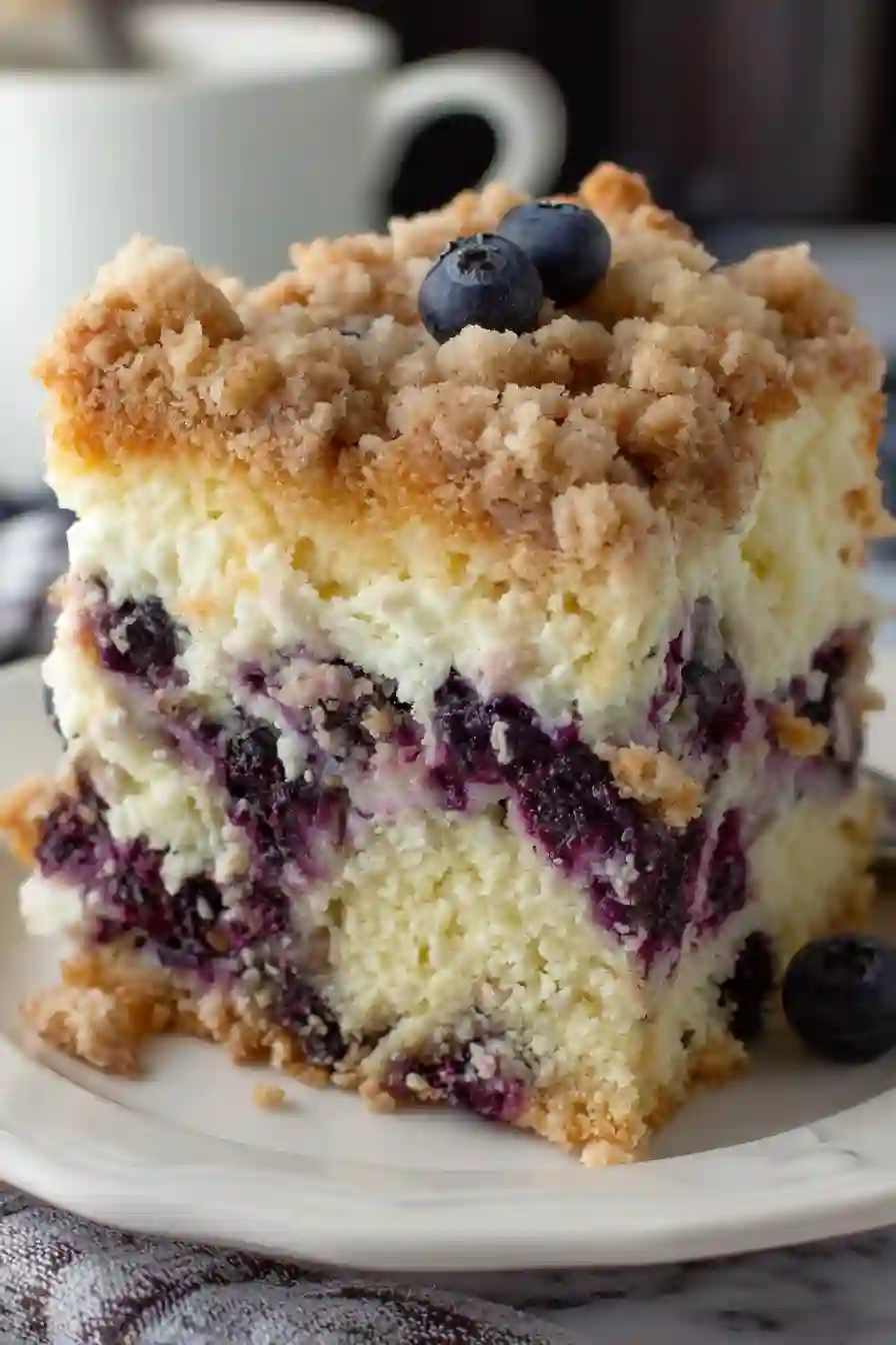 Vertical close-up of blueberry coffee cake slice with crumb topping