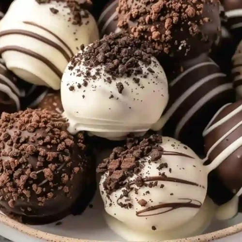 Oreo Balls Recipe for a Cozy Sweet Treat 3 Close-up of Oreo balls coated in chocolate and white chocolate with cookie crumble