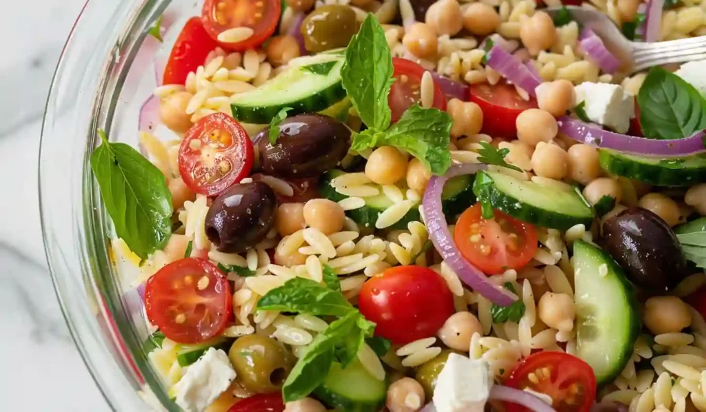 Close-up of Mediterranean orzo pasta salad with cherry tomatoes, cucumbers, olives, chickpeas, feta, basil, and mint in a clear glass bowl.