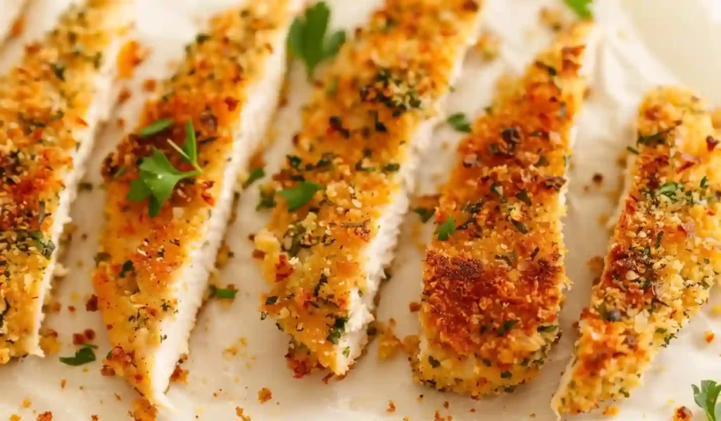 Crispy oven baked chicken cutlets sliced on a clean white surface
