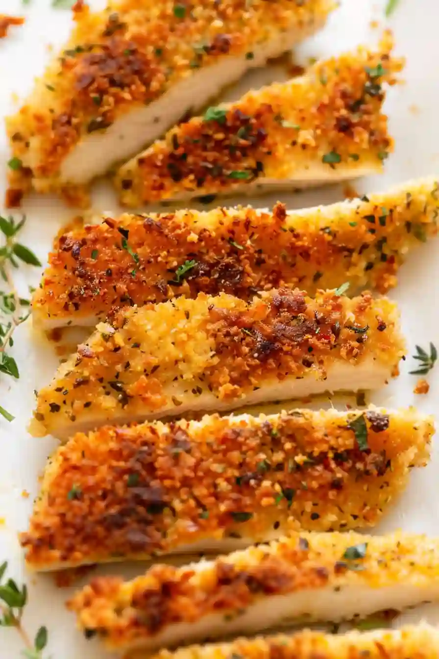 Oven Baked Chicken Cutlets for a Cozy Weeknight 2 Vertical Pinterest-style image of crispy oven baked chicken cutlets sliced on a clean background