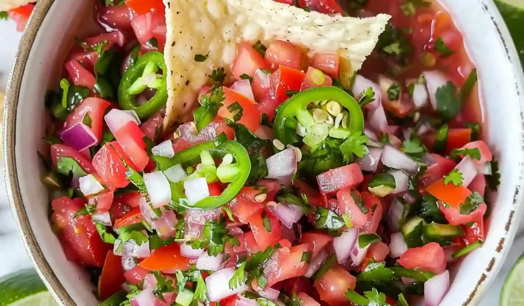 Extra close-up overhead view of fresh pico de gallo with tomatoes, onions, jalapeños, cilantro, and lime wedges in a bowl.