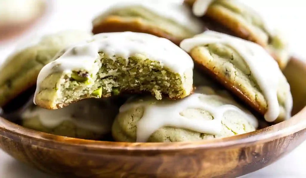 Pistachio Cookies with Icing – Close Up Featured Image