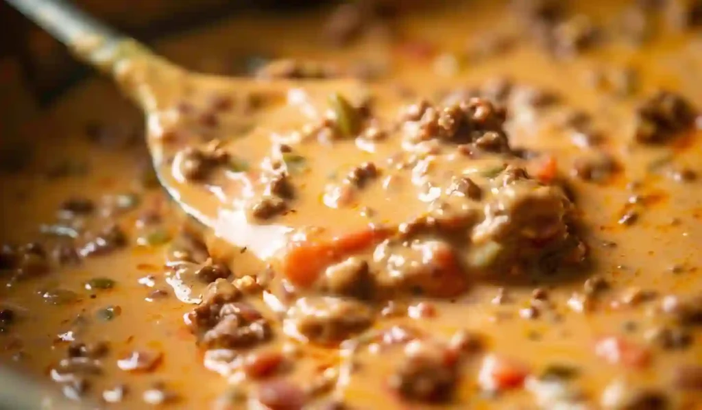 Close-up of creamy Rotel dip with ground beef being scooped with a ladle.