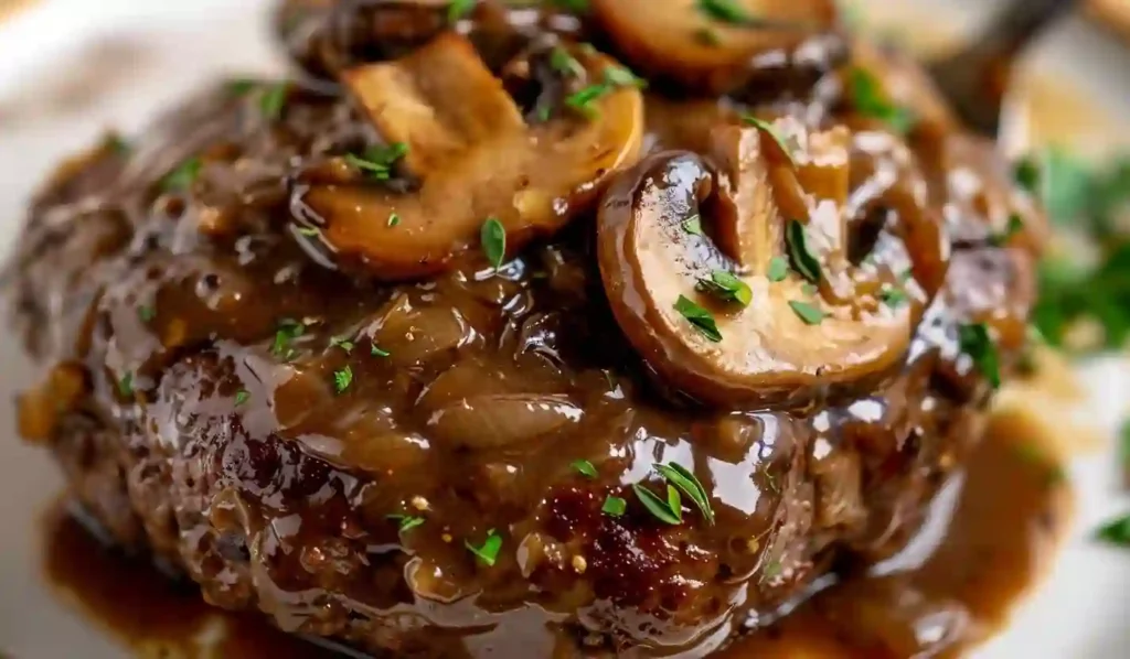 Close-up of homemade Salisbury steak covered in mushroom gravy on a spatula