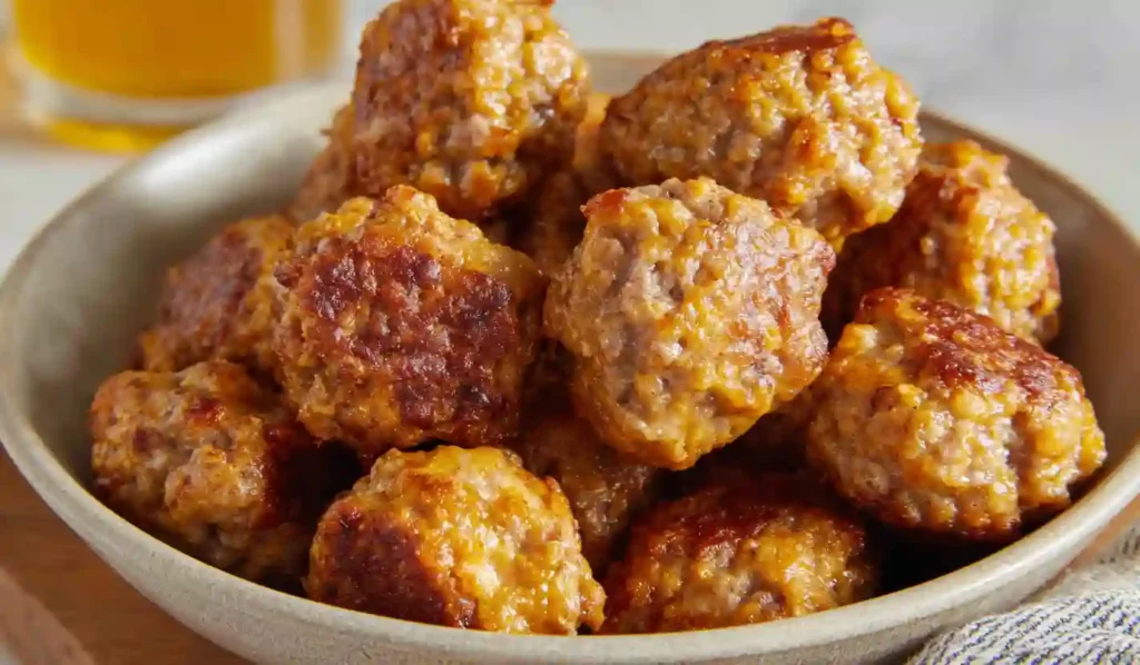 A bowl of golden, cheesy homemade sausage balls on a light kitchen countertop.