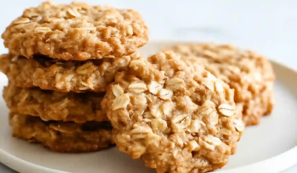 Soft oatmeal toddler cookies stacked on a plate, close-up view