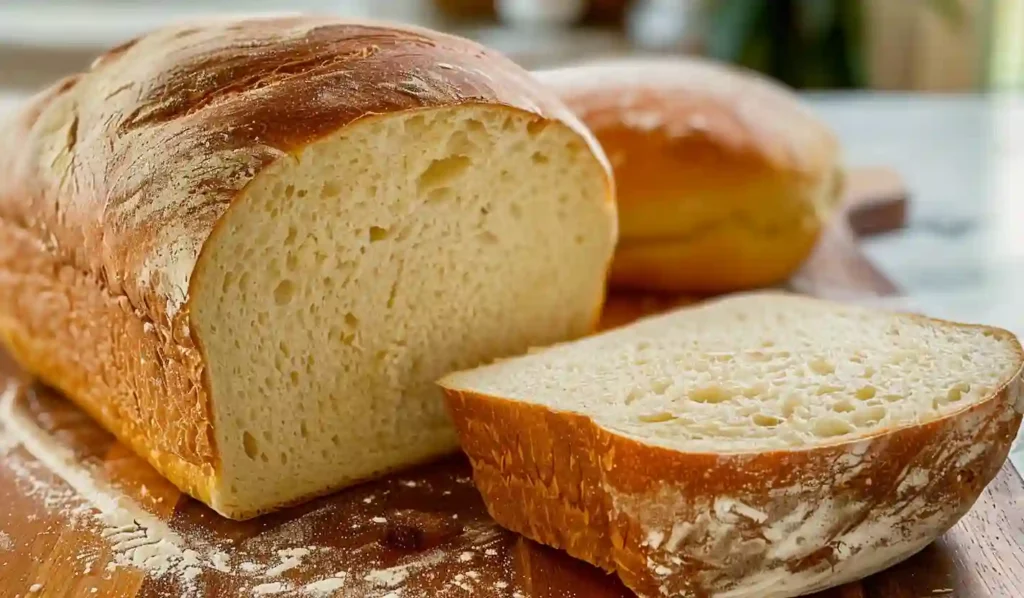 Homemade sourdough sandwich bread loaf with one slice cut, displayed on a wooden board in soft natural lighting.
