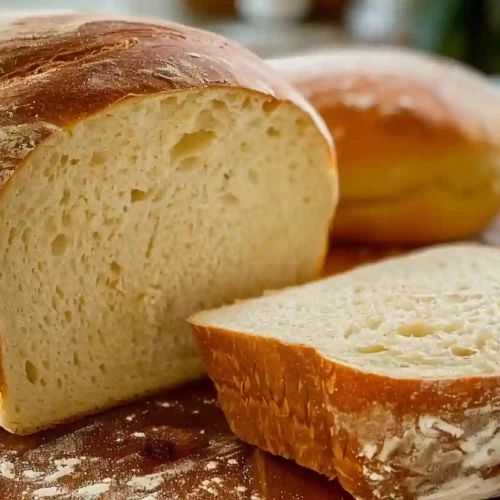Homemade sourdough sandwich bread loaf with one slice cut, displayed on a wooden board in soft natural lighting.