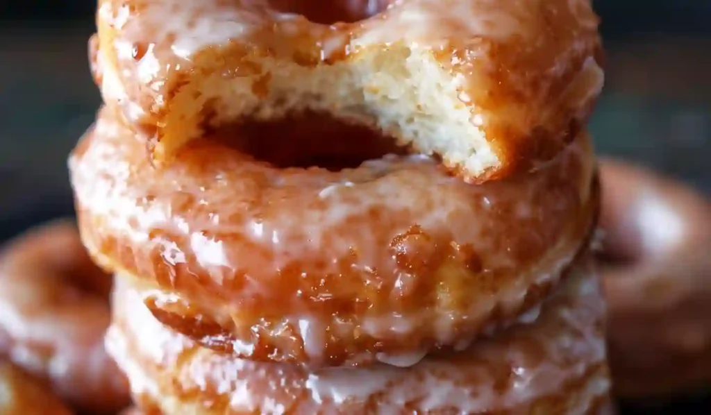 Close-up stack of glazed old-fashioned doughnuts with one bitten doughnut on top.
