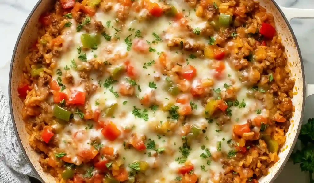 Close-up view of a homemade stuffed pepper casserole baked with melted cheese, peppers, rice, and ground meat in a large skillet.