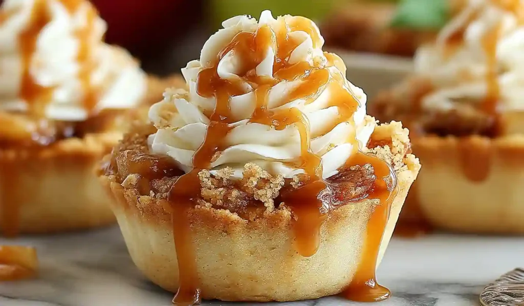 Apple pie cupcake topped with whipped cream and caramel drizzle on white marble countertop