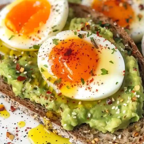 Sourdough avocado toast topped with soft boiled eggs and green sauce on a white plate