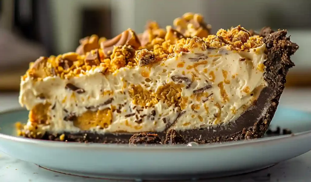 Extra close-up slice of Butterfinger pie with creamy peanut butter filling and crushed Butterfinger candy on top, served on a light blue plate