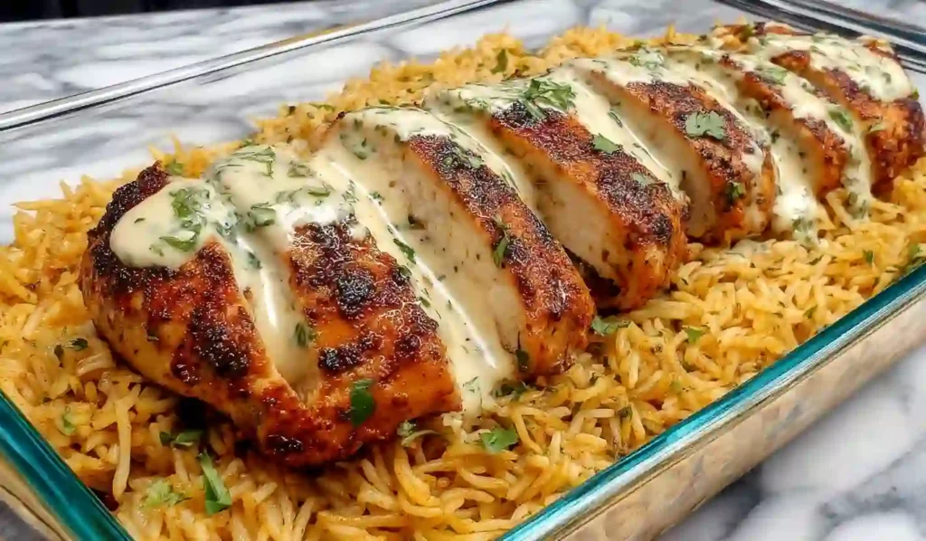 Cajun chicken breast served over garlic rice with creamy sauce in a glass baking dish