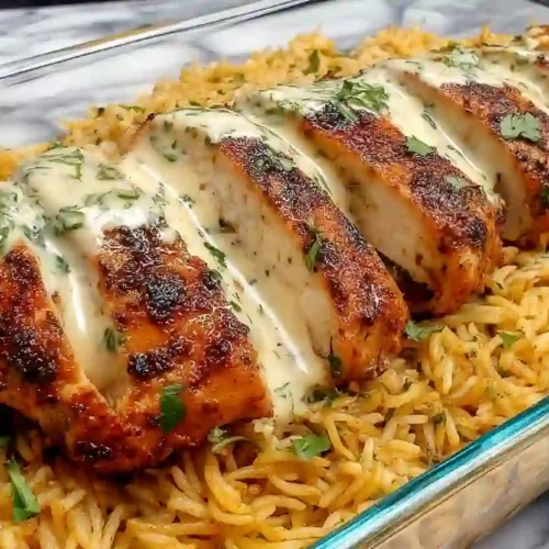 Cajun chicken breast served over garlic rice with creamy sauce in a glass baking dish