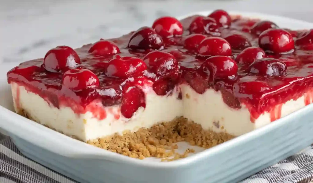 Close-up of cherry delight dessert with graham cracker crust, creamy cheesecake layer, and glossy cherry topping in a white ceramic dish